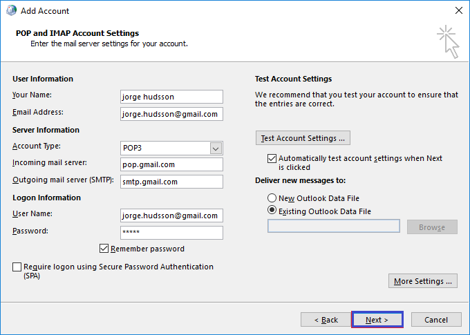 POP IMAP settings in Outlook
