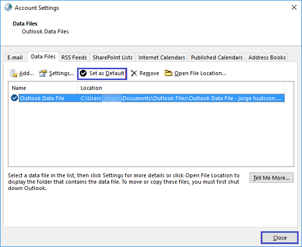 Mail account setting in Outlook